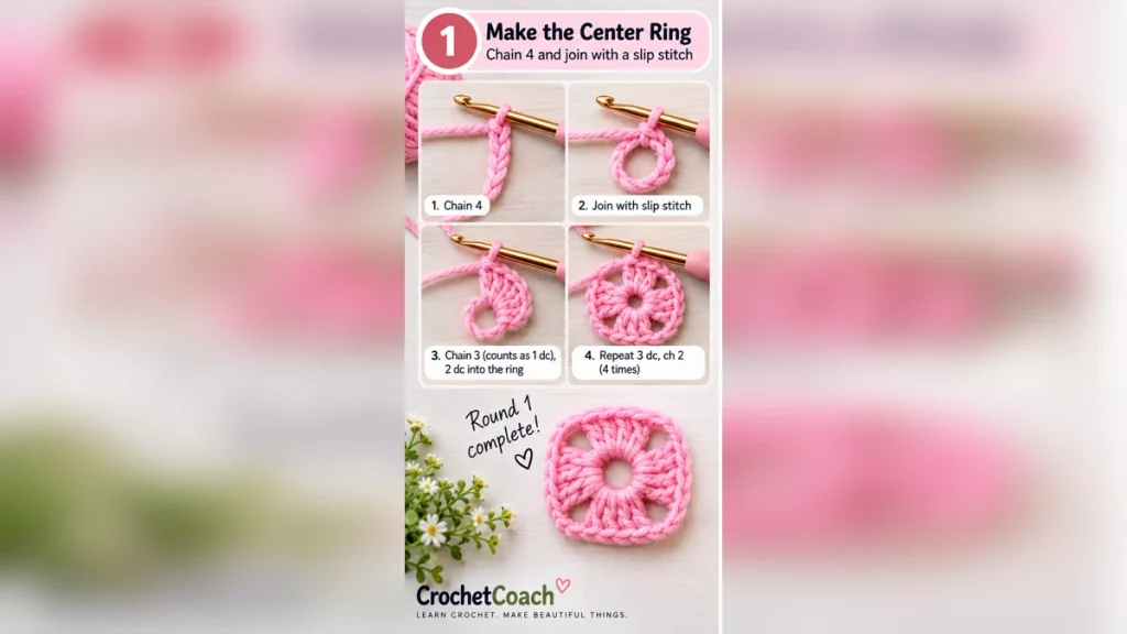 How to start a granny square crochet pattern with a center ring
