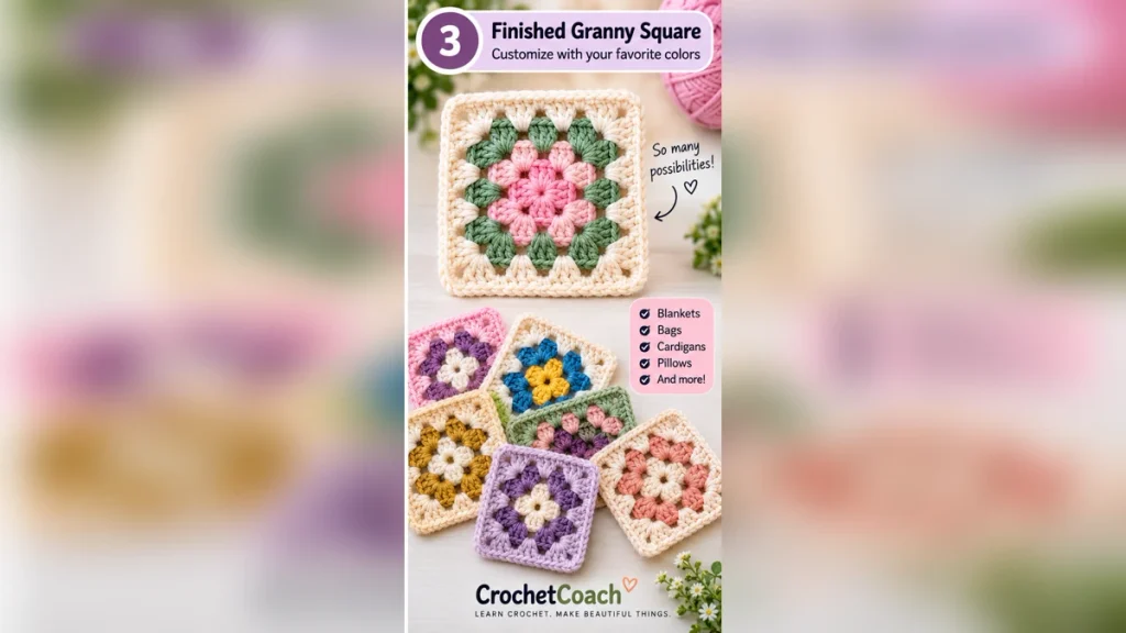 Finished granny square crochet pattern with different color combinations