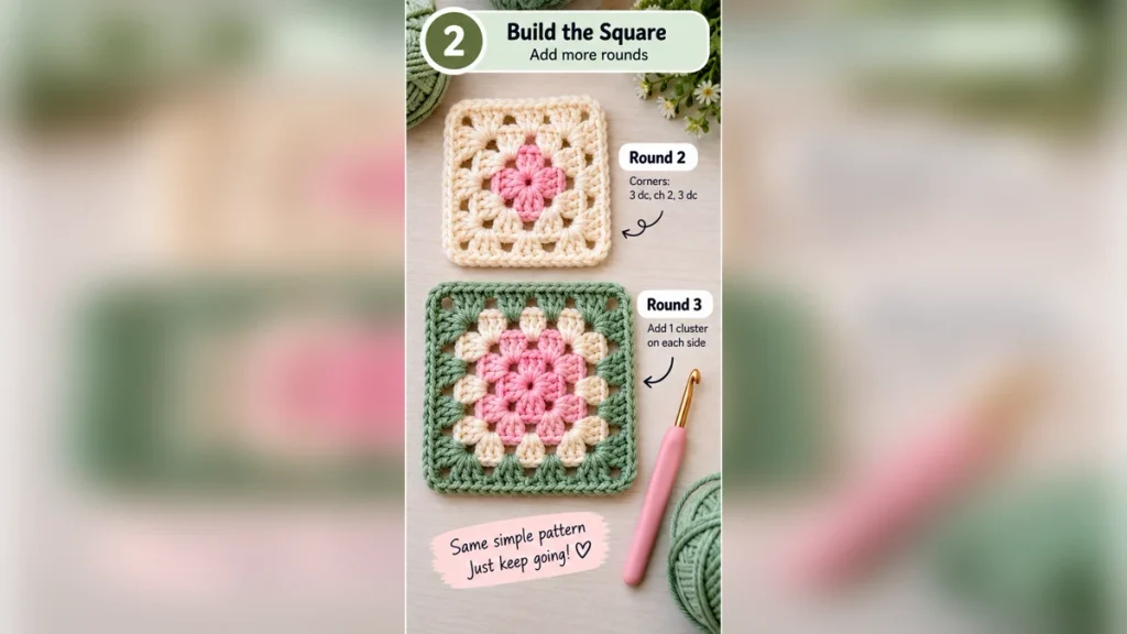 How to crochet rounds 2 and 3 of a granny square step by step