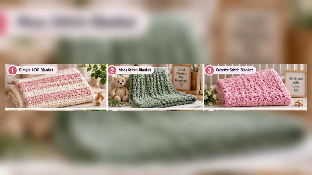 Easy crochet newborn blanket patterns featuring HDC, moss stitch and Suzette stitch designs
