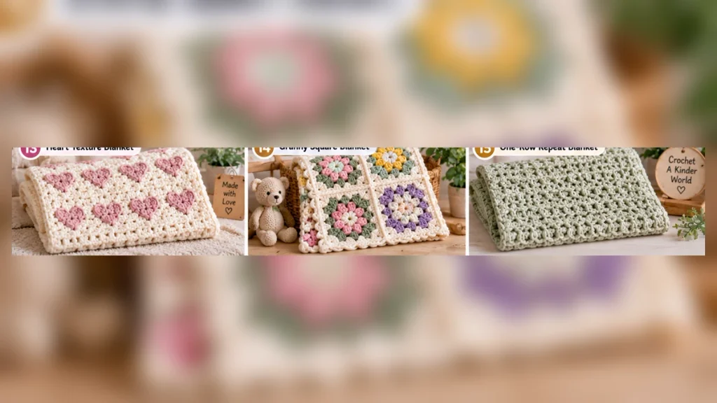 Cute crochet newborn blanket patterns featuring heart texture, granny squares and one-row repeat designs