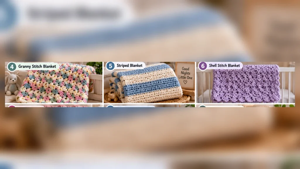 Crochet newborn blanket patterns featuring granny stitch, striped and shell stitch baby blankets