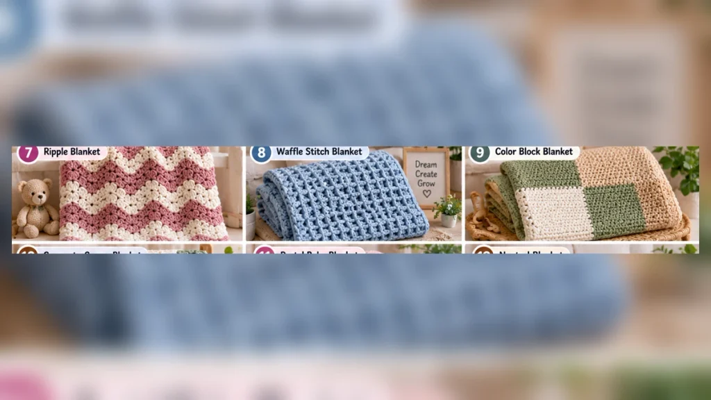 Textured crochet newborn blanket patterns with ripple, waffle stitch and color block designs