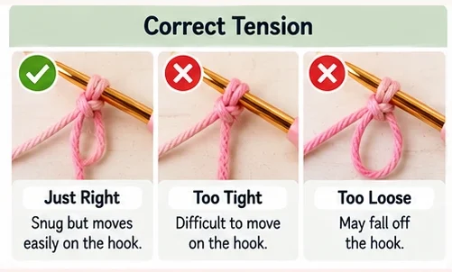 Correct crochet slip knot tension compared with too tight and too loose