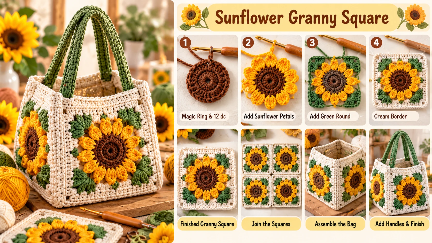 Handmade sunflower granny square bag with cream border, green details and crochet handles
