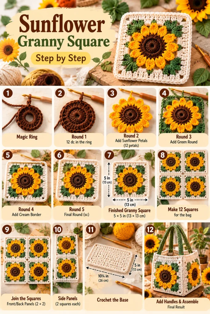 Sunflower granny square crochet steps from brown center to yellow petals and cream border
