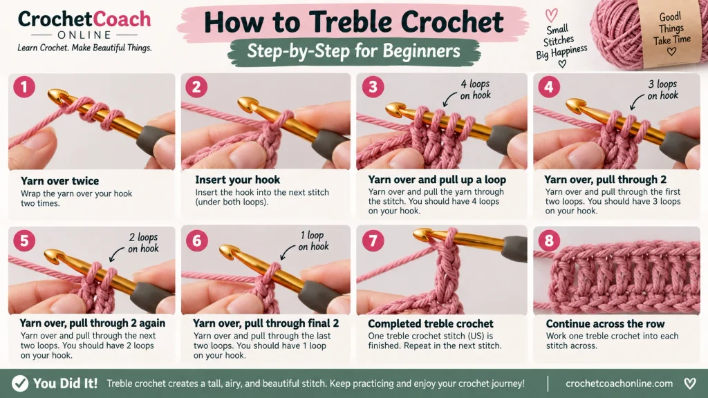 Treble crochet stitch steps and loops on hook