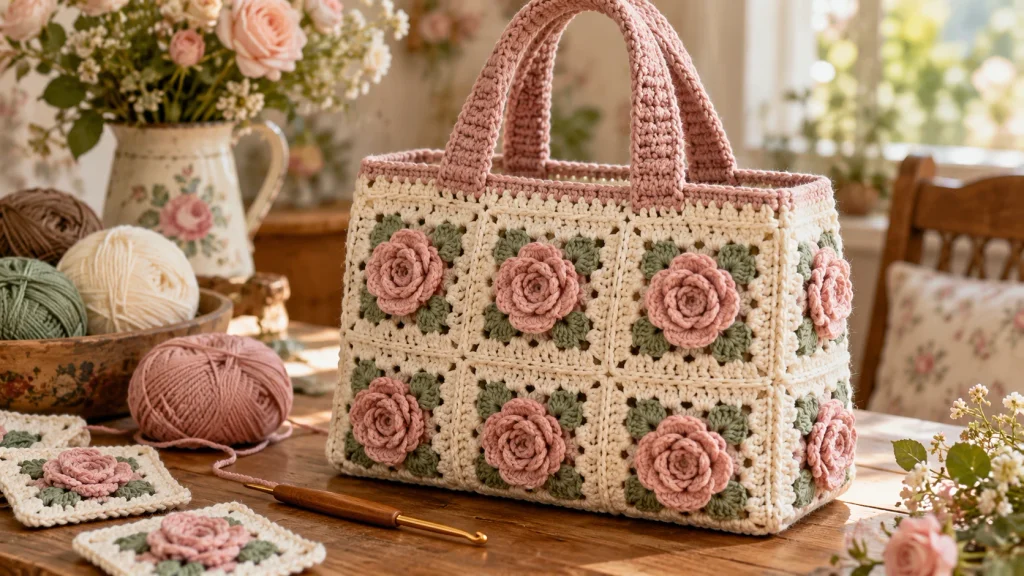 Vintage rose granny square crochet bag with dimensional pink roses and green leaves