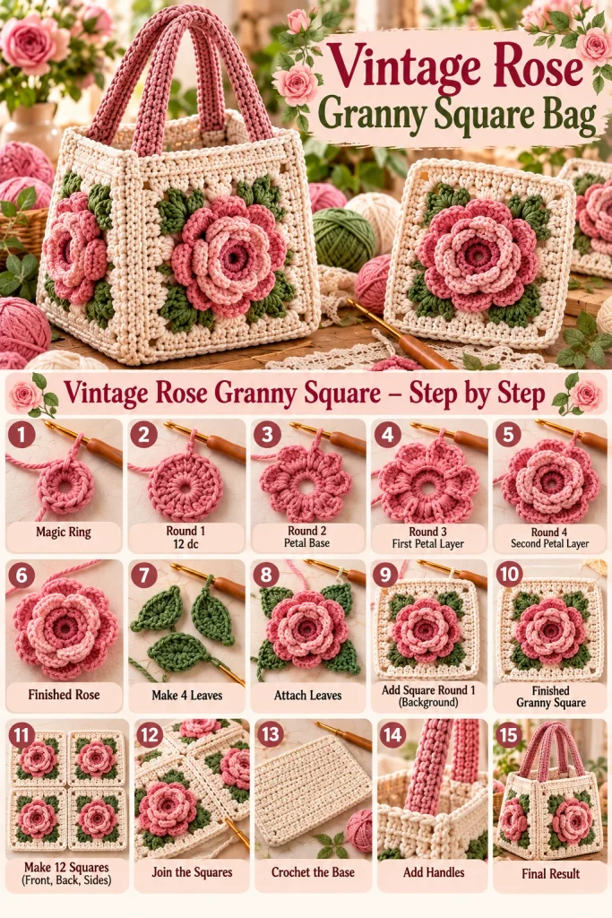 Pink dimensional crochet rose attached to a cream and green granny square